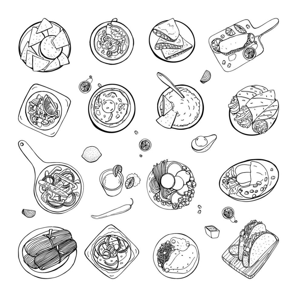 Set of mexican traditional food. Different dishes collection, spicy bean soup chili, nachos, tortilla, fachitos, quesadilla, taco, guacamole. Hand drawn sketch, black and white vector illustration.