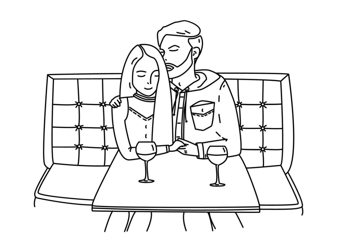 Young couple sits in a cafe and drinks wine. Romantic date. The guy hugs the girl. Lineart contour flat illustration. vector