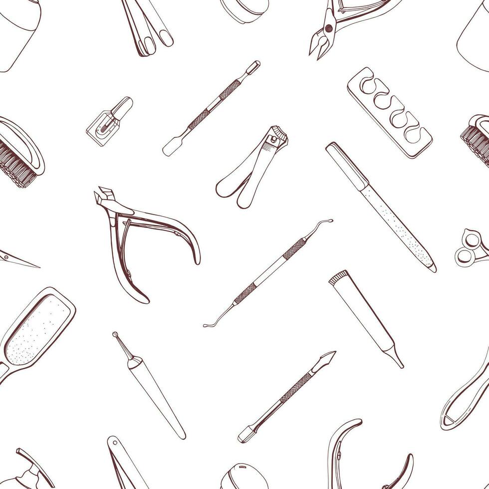Manicure equipment seamless pattern. Hand drawn contour background. vector
