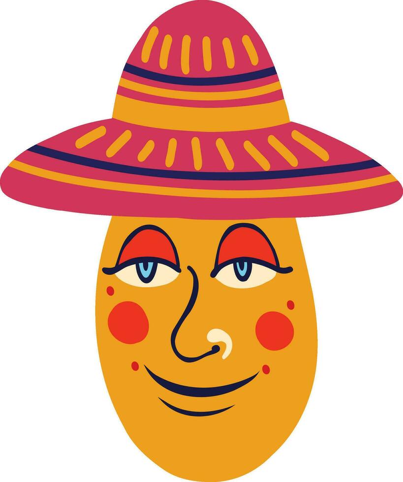 Cute funny kind character in Mexican hat. Strange ugly Halloween character. Cute bizarre comic demon in modern flat hand drawn style vector