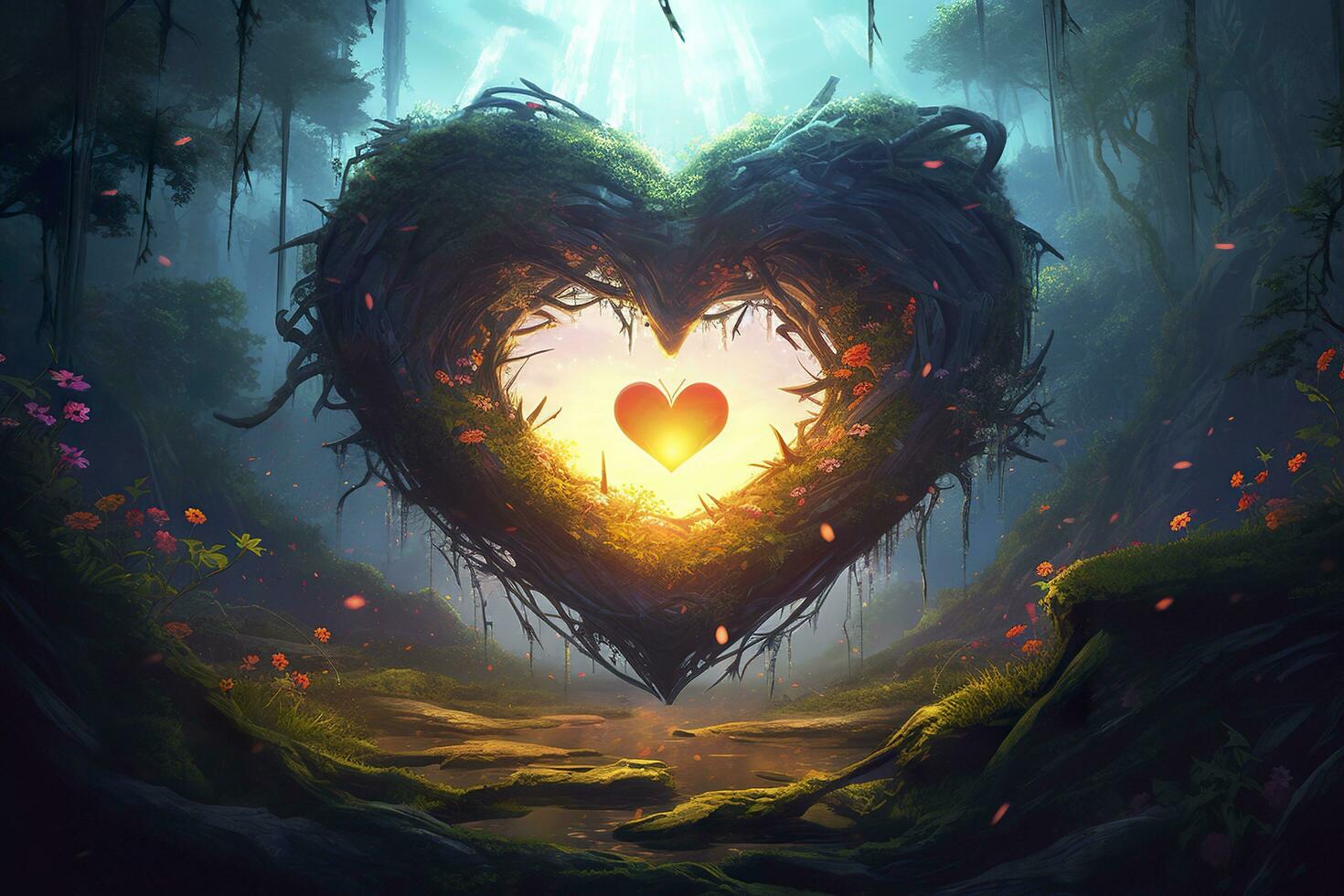 Colorful fantasy heart, light beam, green forest field. Generative AI photo