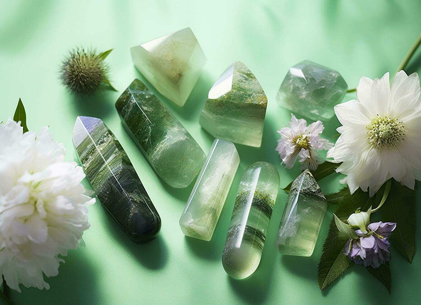 Crystal towers minerals set and white flowers on green abstract background. Generative AI photo