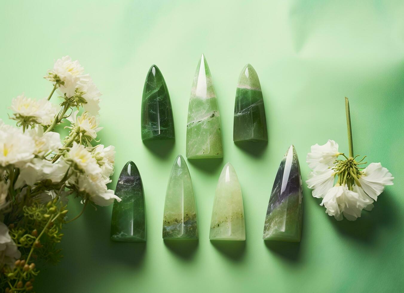Crystal towers minerals set and white flowers on green abstract background. Generative AI photo