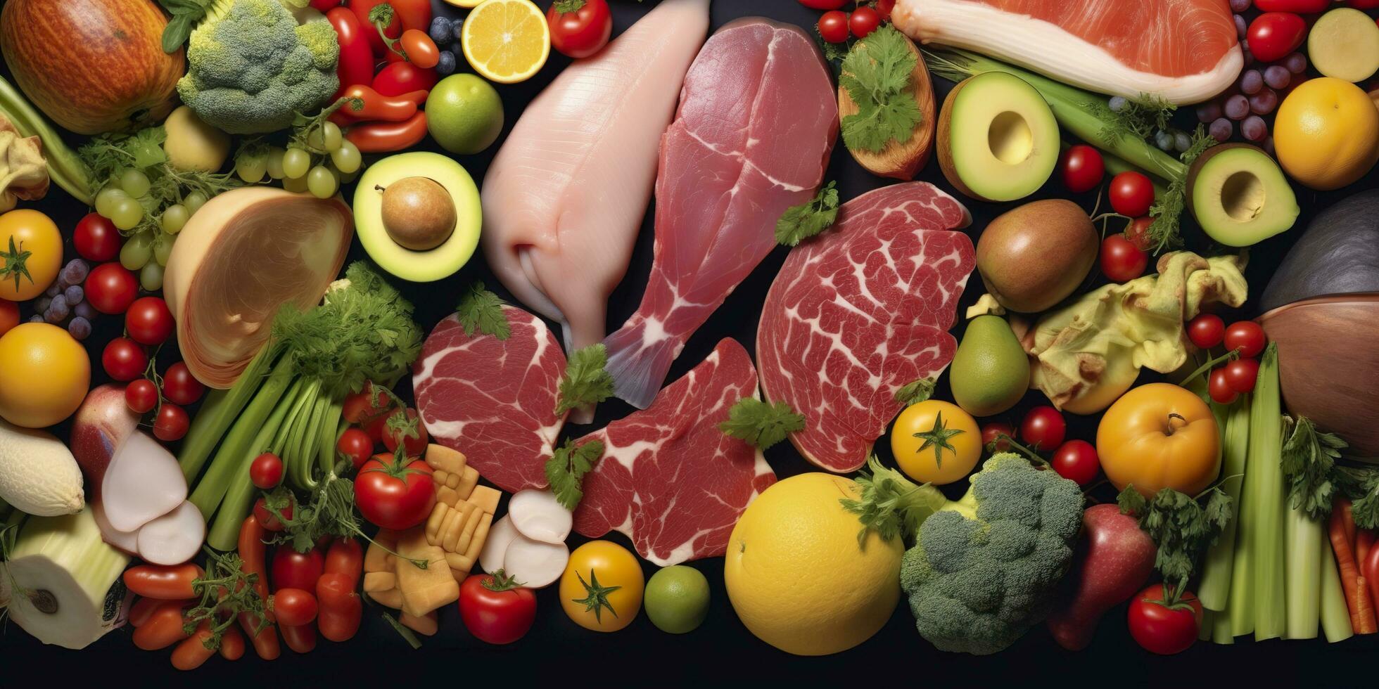 diferente tipos de carnes, verduras, y frutas laico en supermercados generativo ai foto