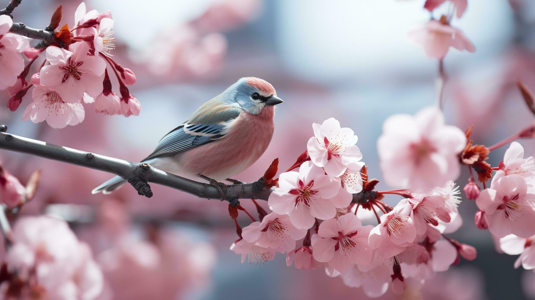 Birds sitting in a tree filled with cherry blossom flowers. Generative AI photo