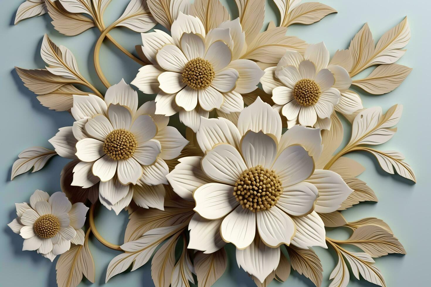 Elegant colorful 3d flowers with leaves on a tree illustration background. Generative AI photo
