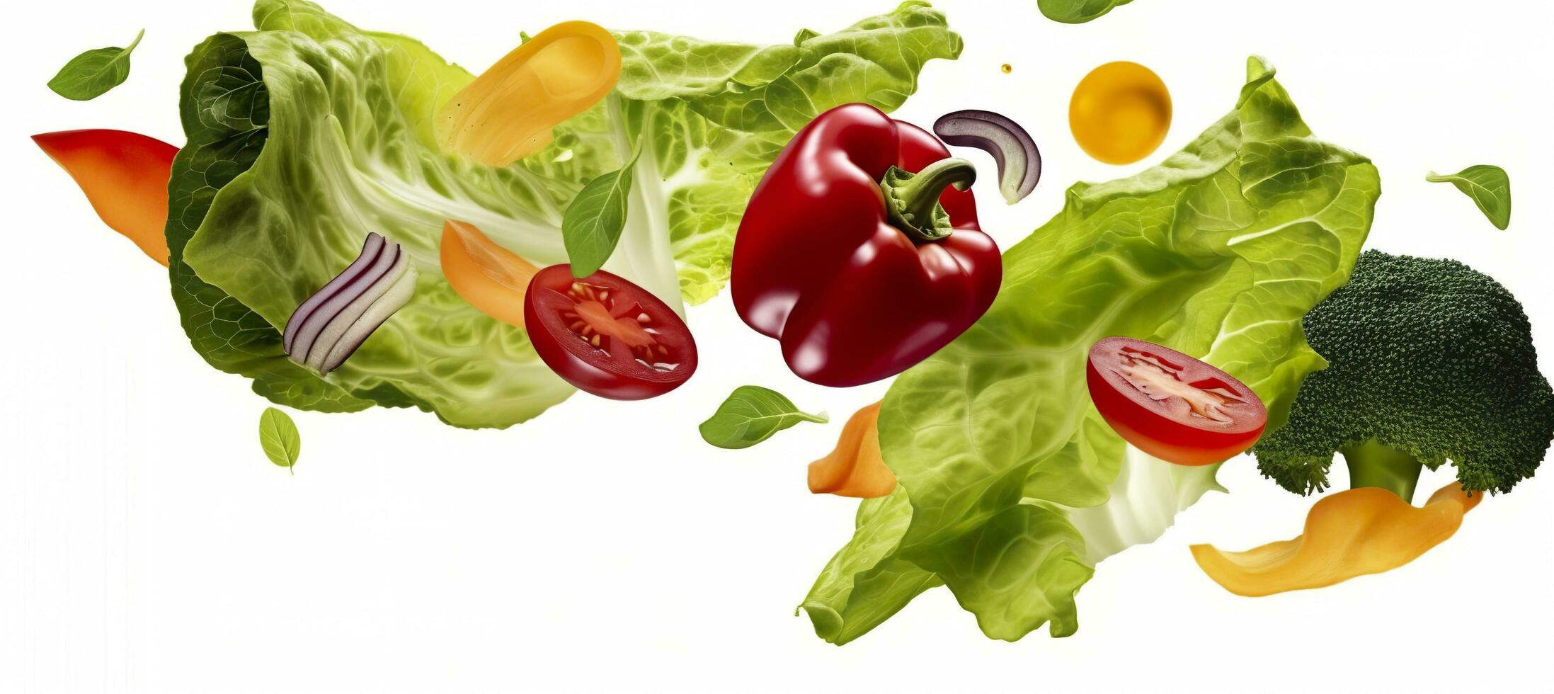 Falling vegetables, salad of bell pepper, tomato, and lettuce leaves. Generative AI photo
