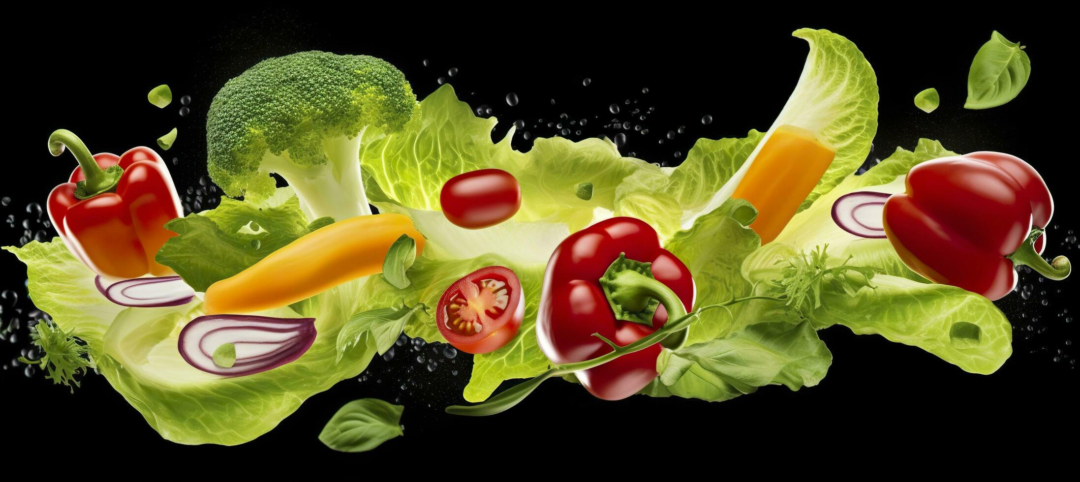 Falling vegetables, salad of bell pepper, tomato, and lettuce leaves. Generative AI photo