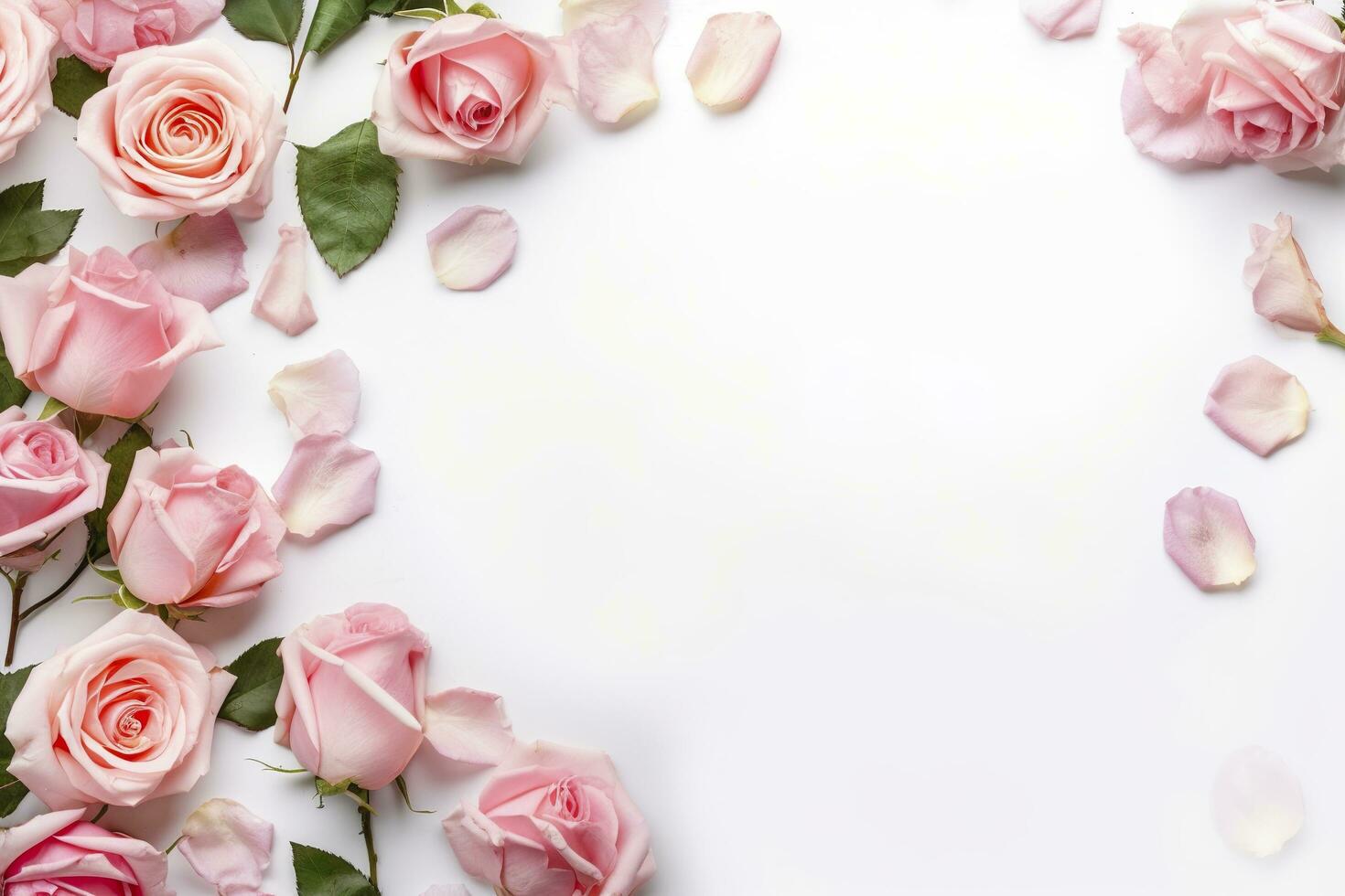 Close up of blooming pink roses flowers and petals isolated on white table background. Floral frame composition. Decorative web banner. Empty space, flat lay, top view. AI Generative photo
