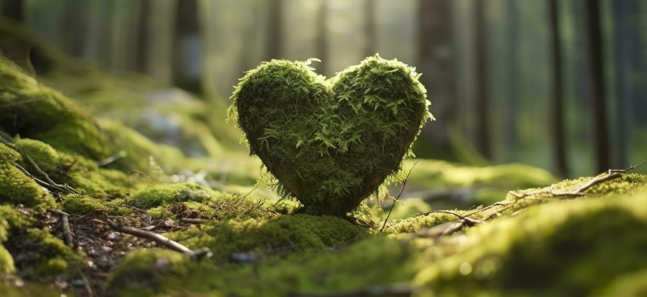 Closeup of wooden heart on moss. Natural burial grave in the woods. Generative AI photo