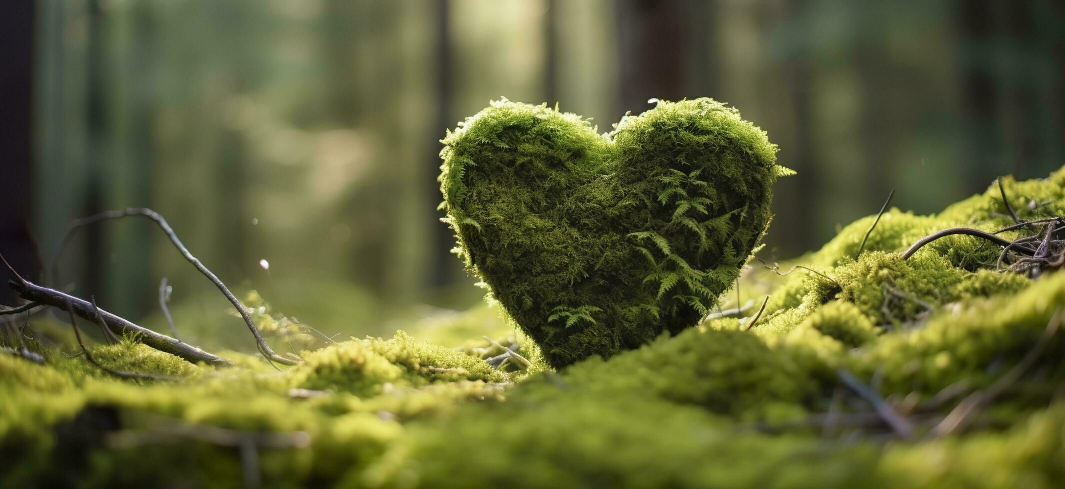 Closeup of wooden heart on moss. Natural burial grave in the woods. Generative AI photo