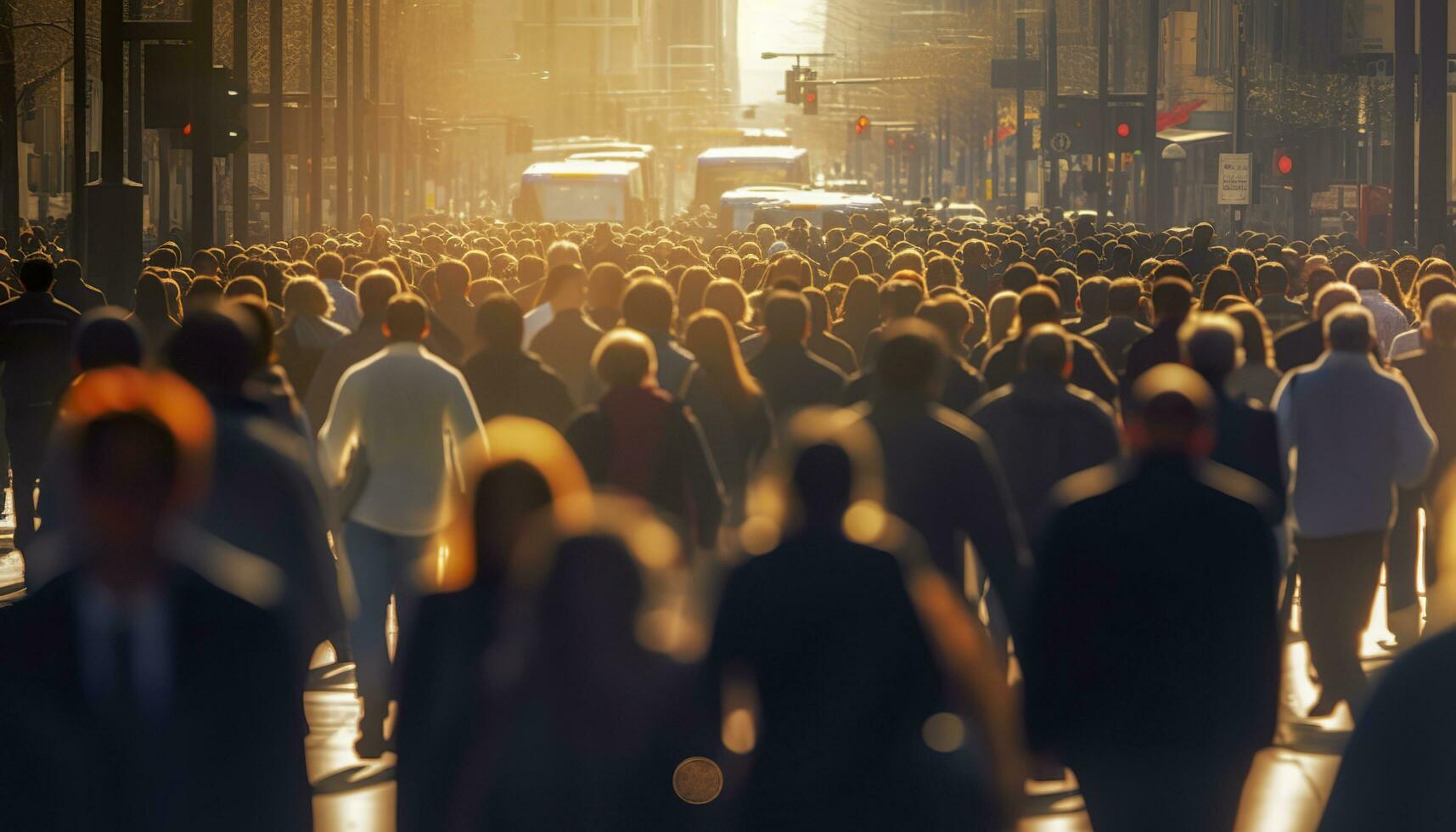 Crowd of people walking busy city street backlit. Generative AI photo