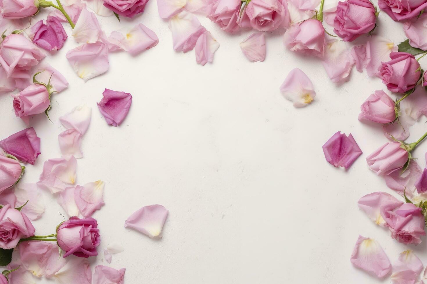 Close up of blooming pink roses flowers and petals isolated on white table background. Floral frame composition. Decorative web banner. Empty space, flat lay, top view. AI Generative photo