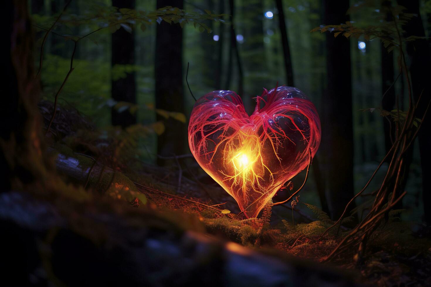 Glowing bioluminescent plant shaped like a human heart, in a mysterious forest. Generative AI photo