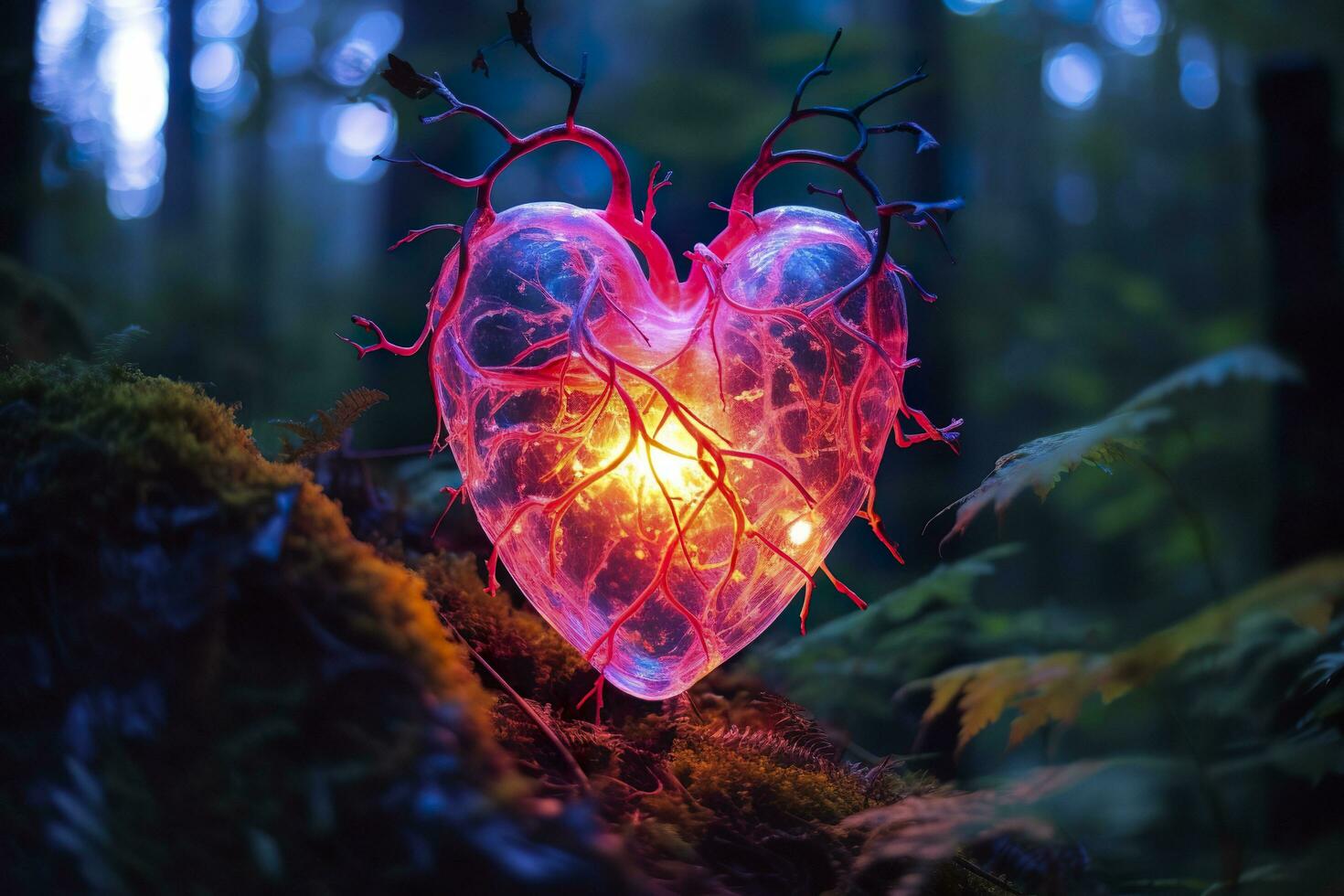 Glowing bioluminescent plant shaped like a human heart, in a mysterious forest. Generative AI photo