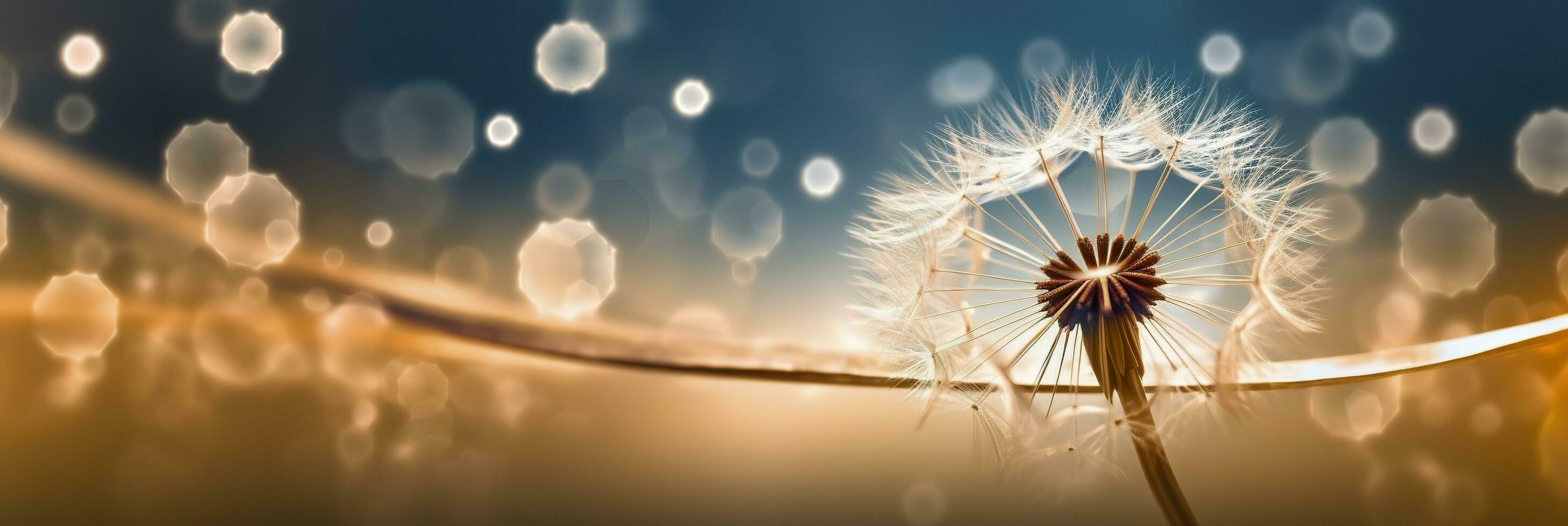 Abstract blurred nature background dandelion seeds parachute. Bokeh pattern. Generative AI photo