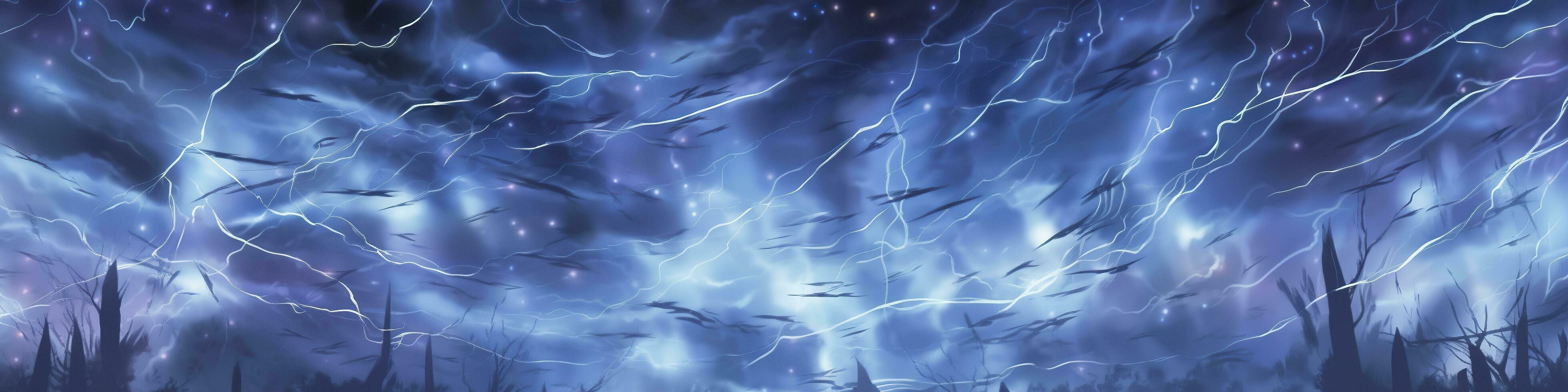 Anime horizontal blue lightning background. Anime cartoon light colors. Generative AI photo