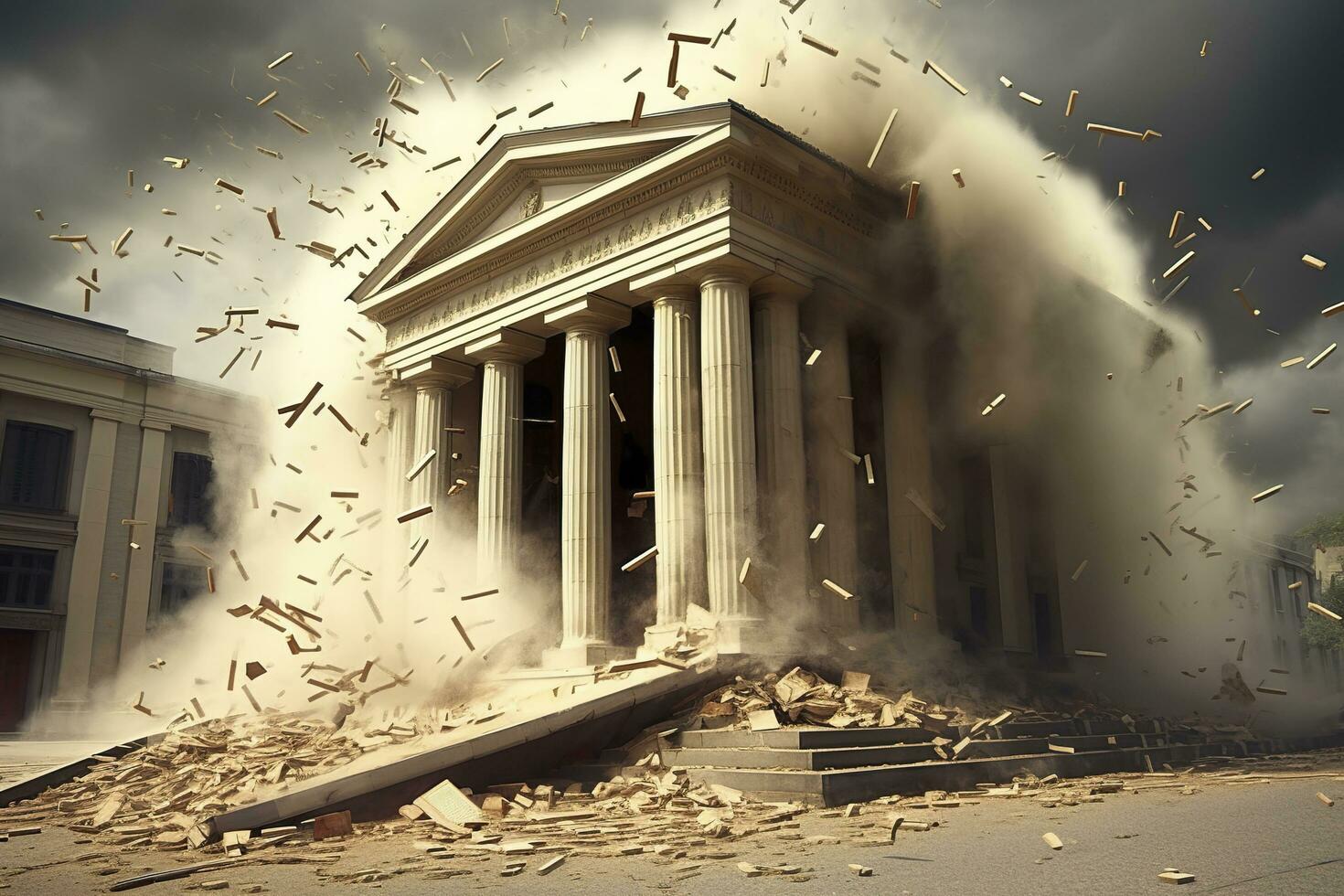 Bank collapse. A bank or financial institution, going down failing or collapsing. Generative AI photo