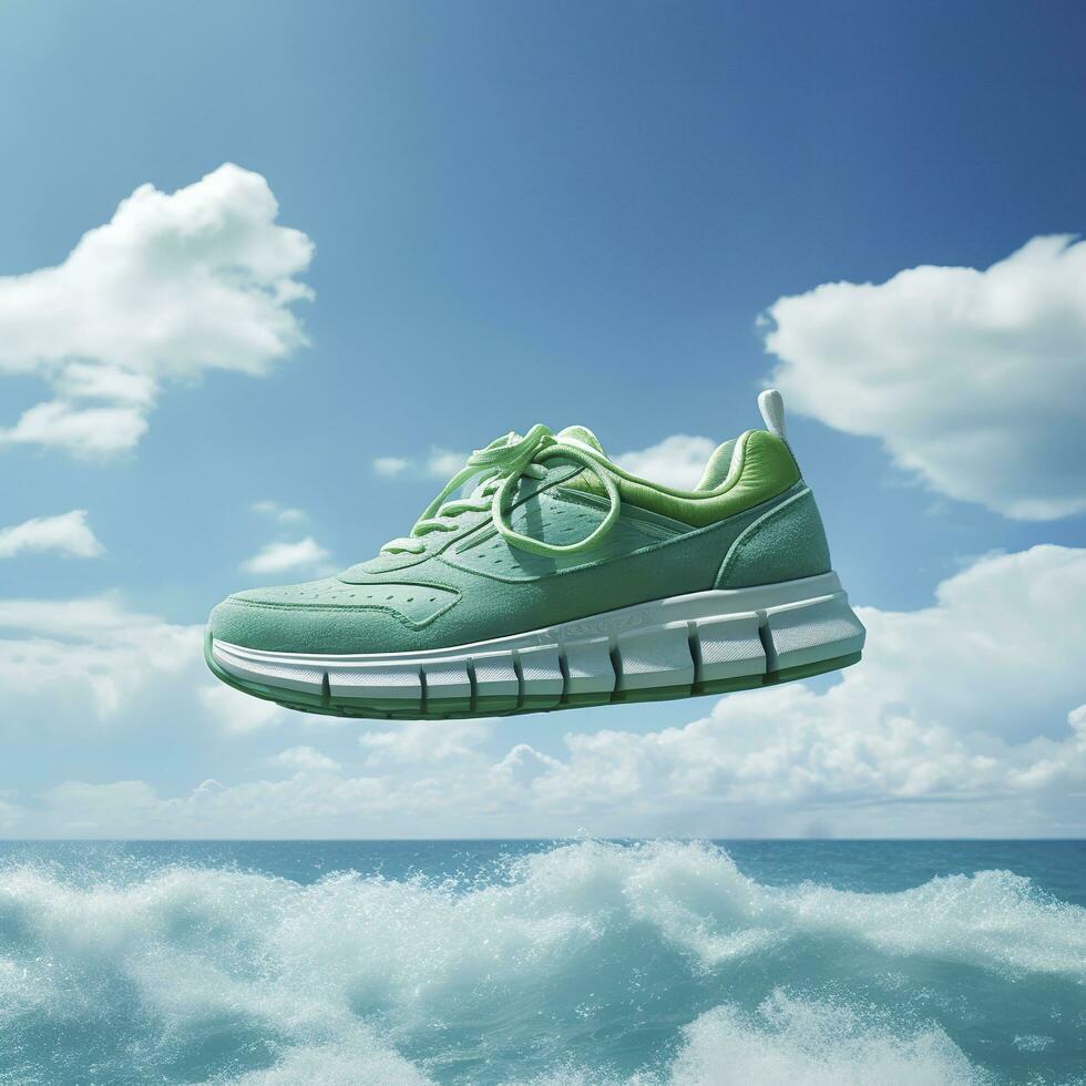 Close up  green sports shoes on a blue sea level with blue sky and white clouds bright light background. Creative advertisement. AI Generative photo