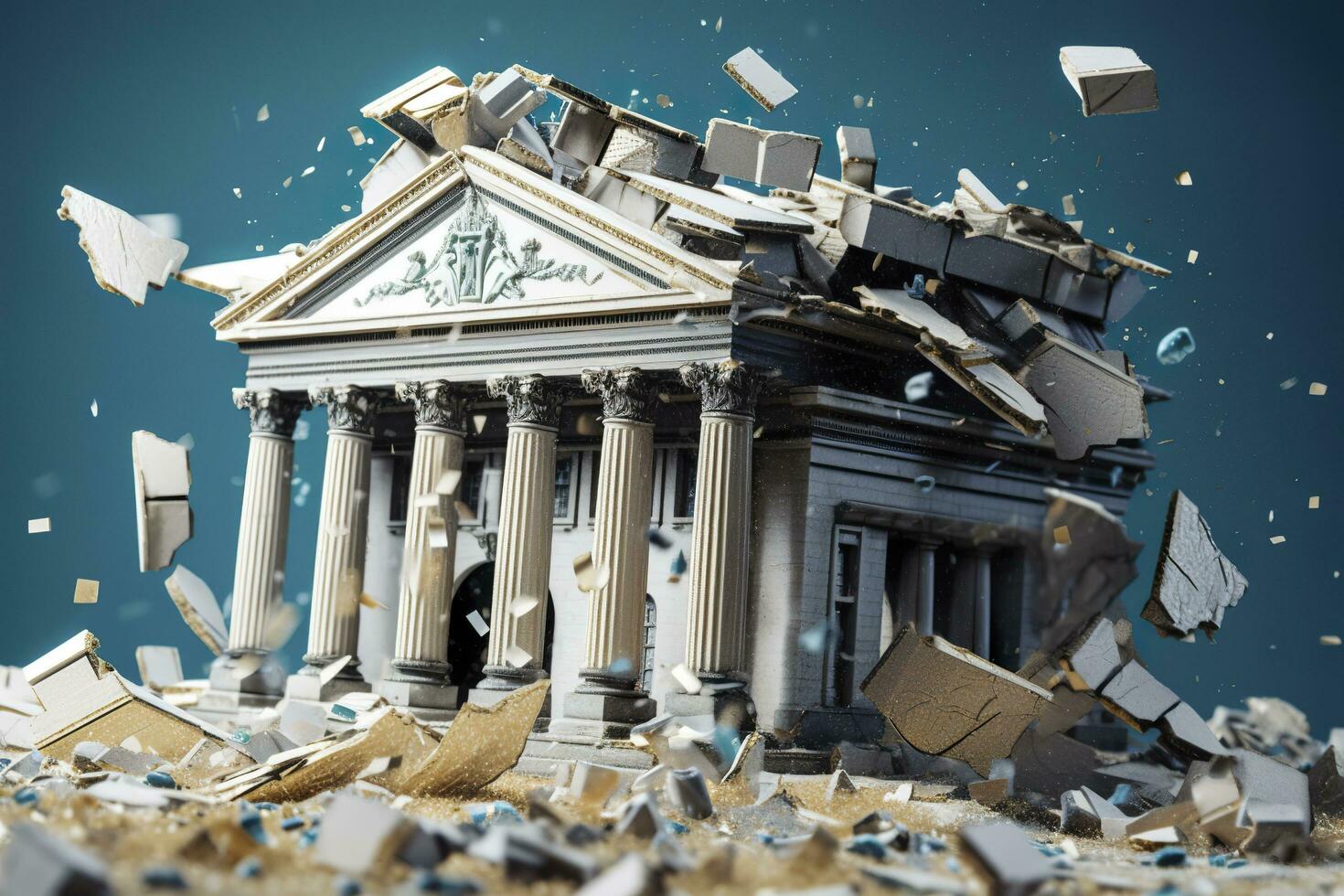 Bank collapse. A bank or financial institution, going down failing or collapsing. Generative AI photo