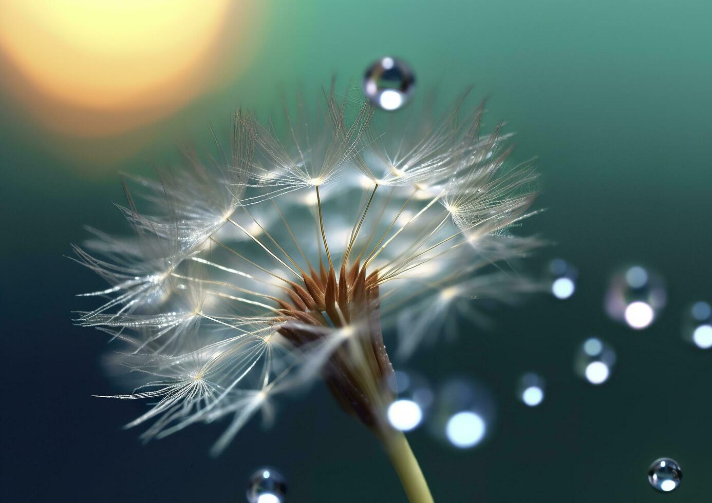 Beautiful dew drops on a dandelion seed macro. Beautiful blue background. Generative AI photo