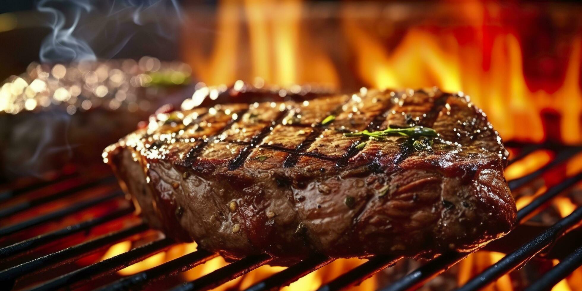 Beef ribeye steak grilling on a flaming grill. Generative AI photo