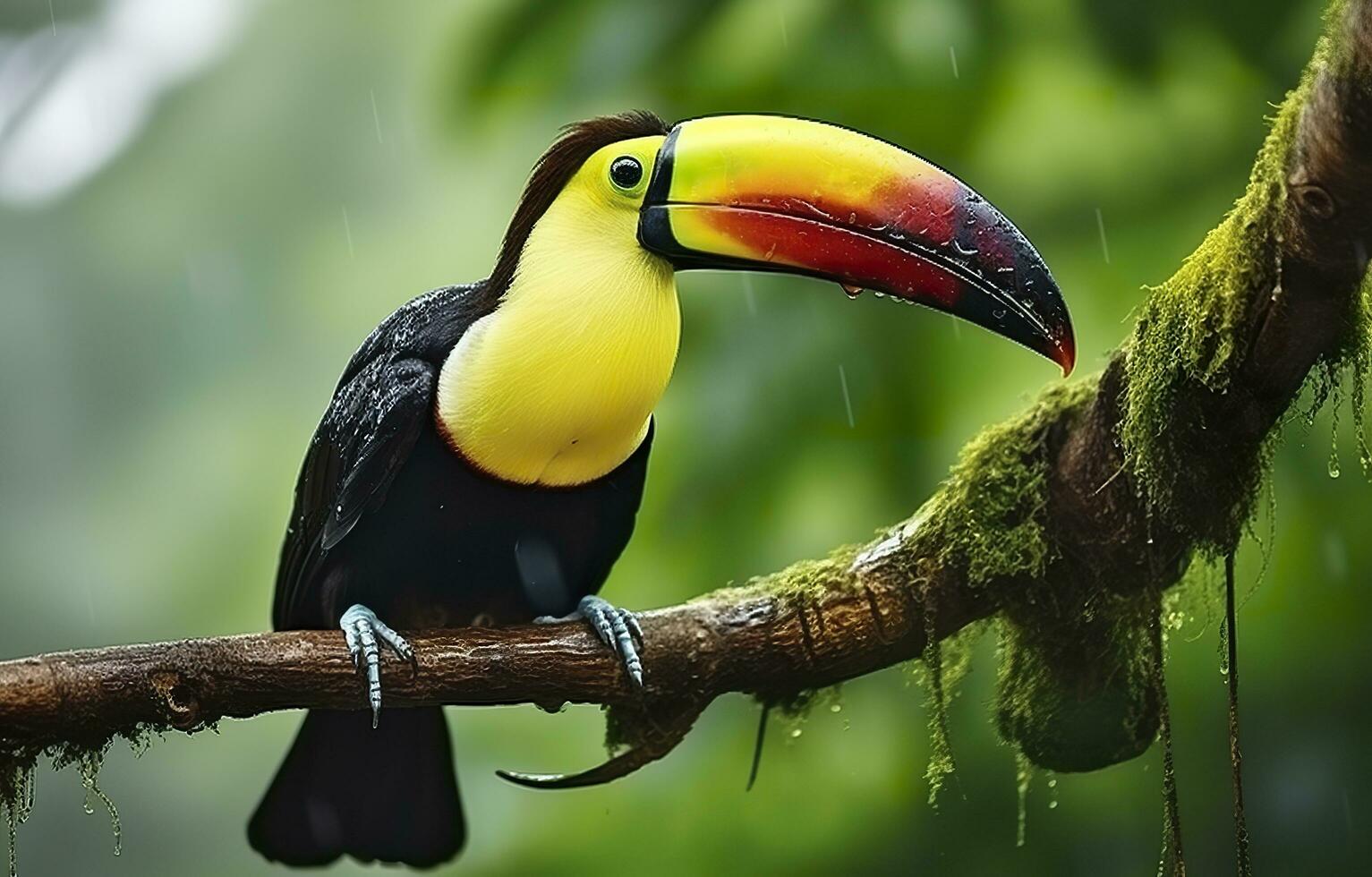 Chesnut mandibled Toucan sitting on the branch in tropical rain with a green jungle. Generative AI photo