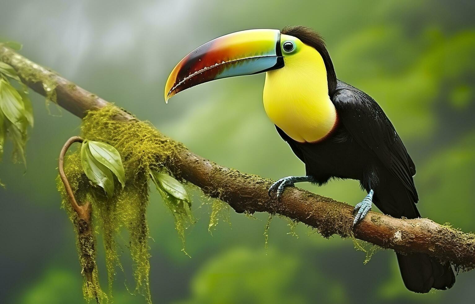 Chesnut mandibled Toucan sitting on the branch in tropical rain with a green jungle. Generative AI photo