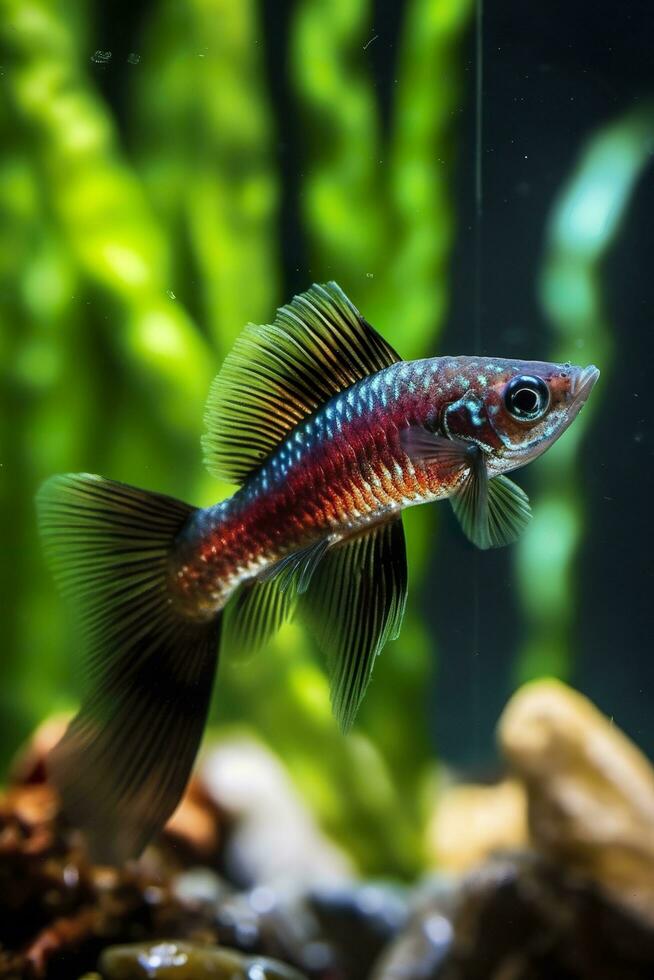 In the aquarium with plants and stones. The spinytail has a variety of color varieties including red, orange, yellow, blue and green. AI Generative photo