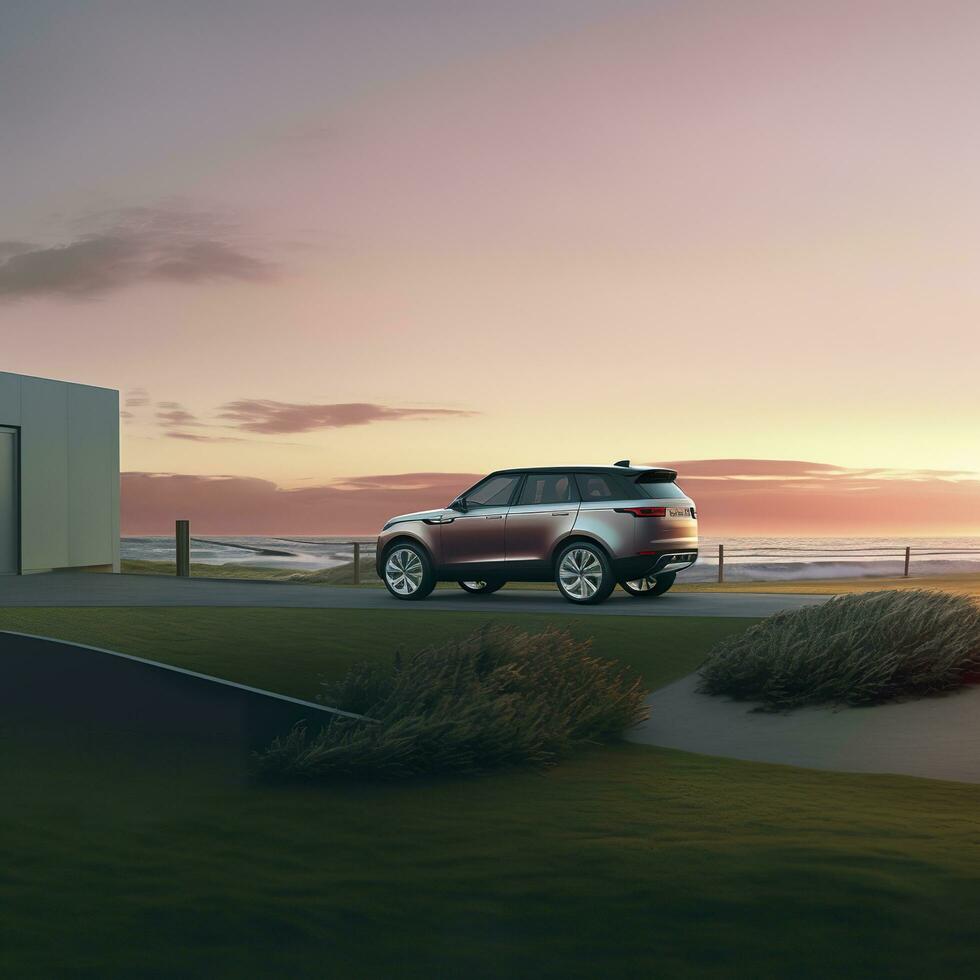 compacto suv coche y moderno diseño en hormigón la carretera a el mar de hermosa puesta de sol antecedentes , frente ver de lujo nuevo suv auto, ai generativo foto