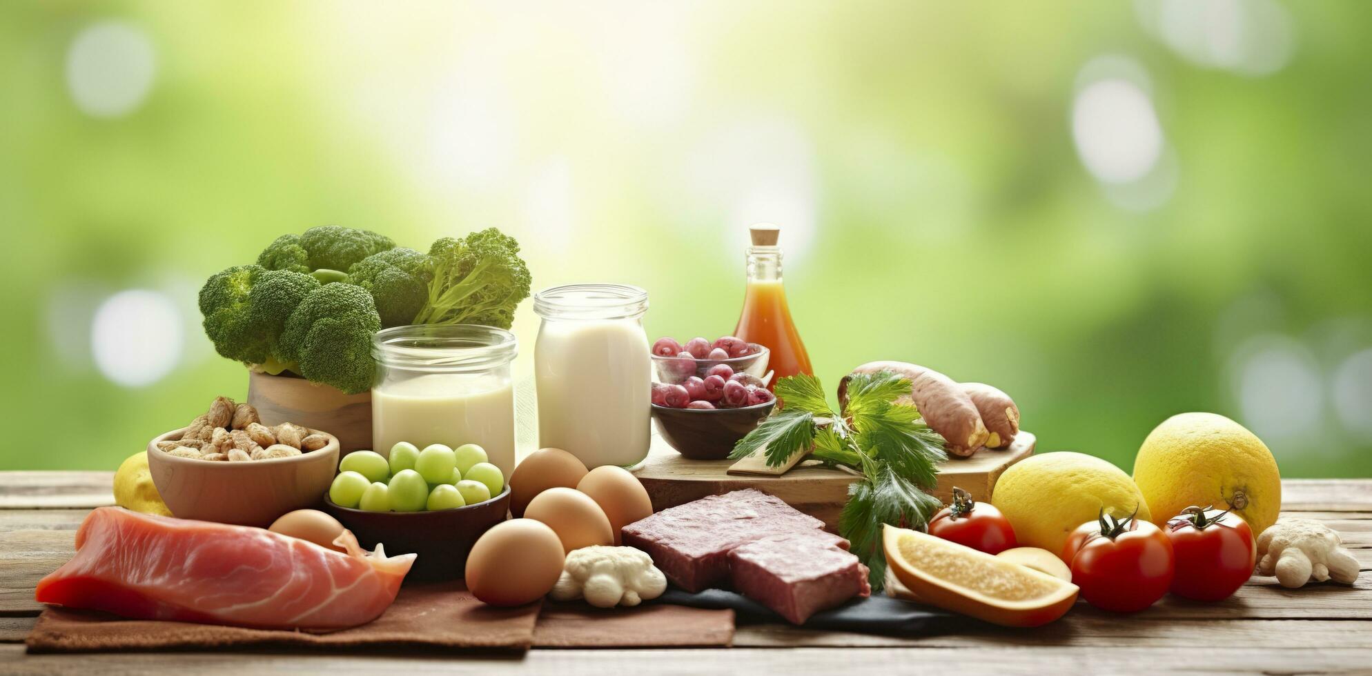 Closeup of vegetables, fruits, and meat on wooden table over green natural background. Generative AI photo
