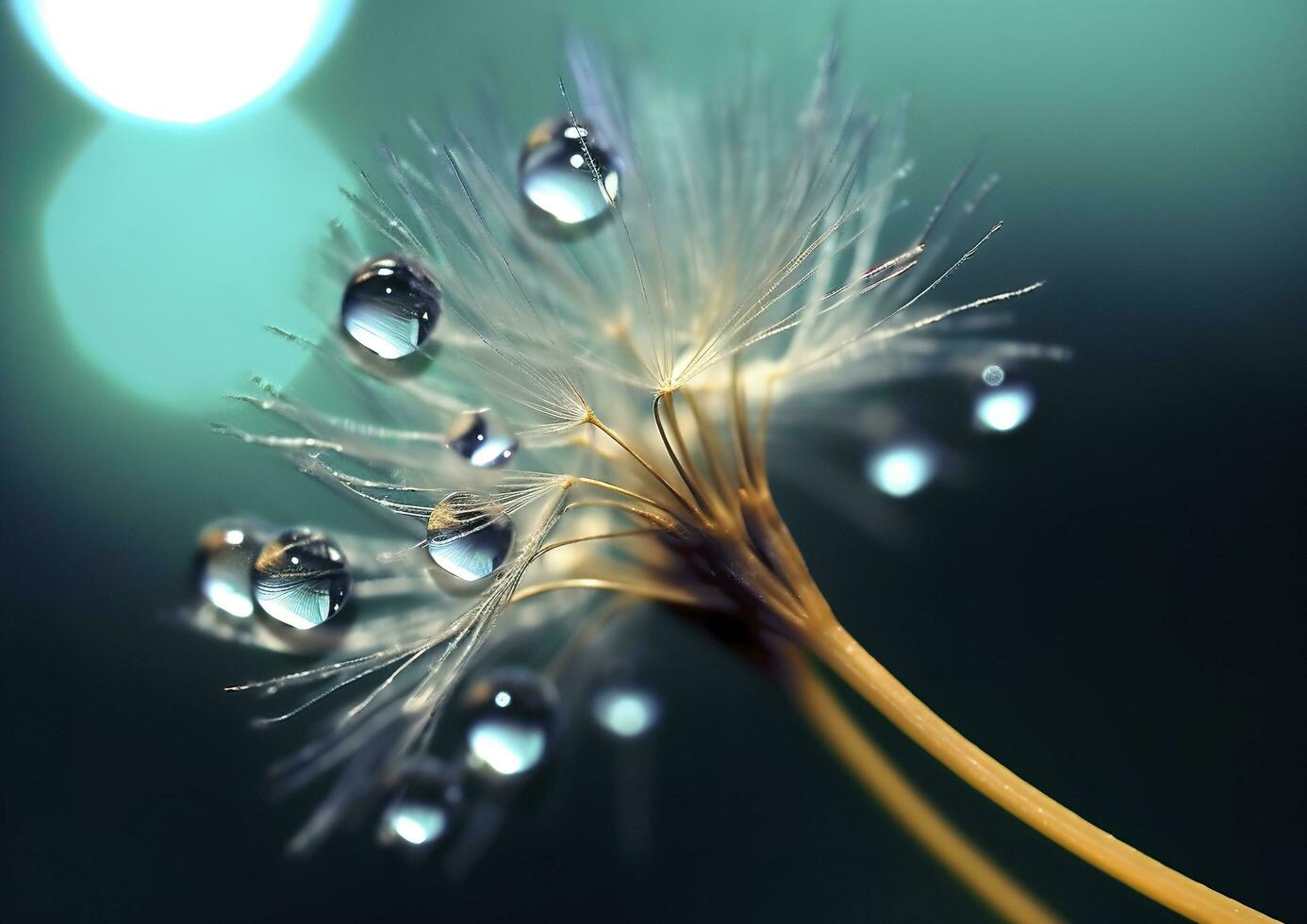 Beautiful dew drops on a dandelion seed macro. Beautiful blue background. Generative AI photo