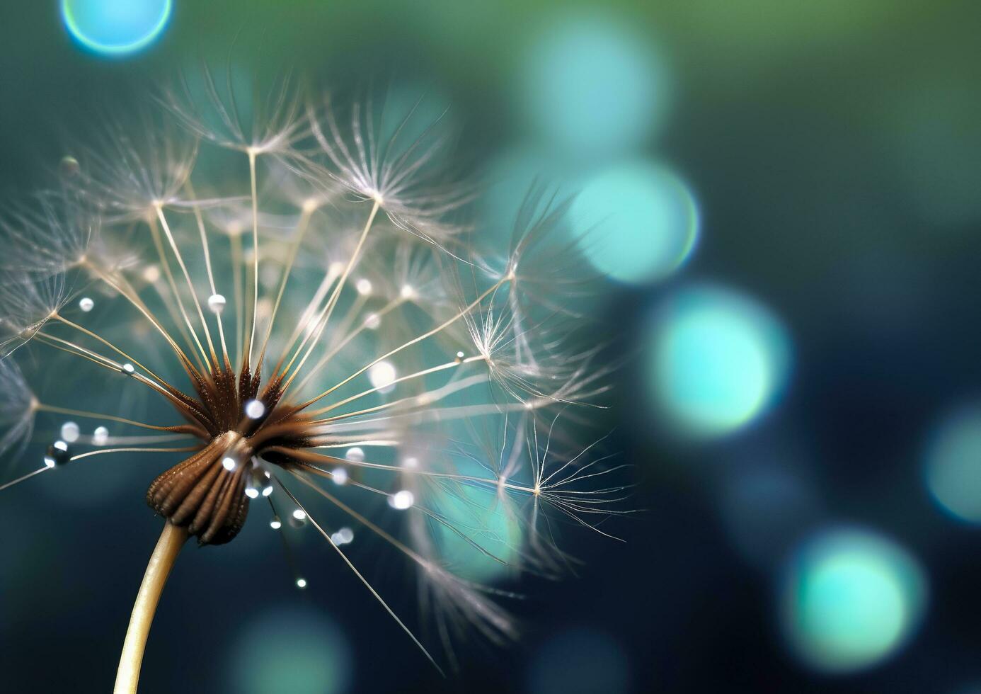 Beautiful dew drops on a dandelion seed macro. Beautiful blue background. Generative AI photo