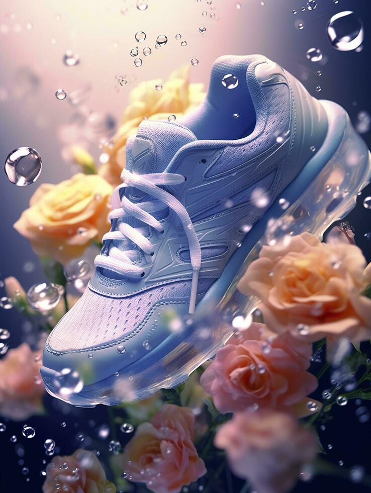 Sports shoes surrounded by transparent flowers, splashing with water droplets, emitting light white blue, AI Generative photo