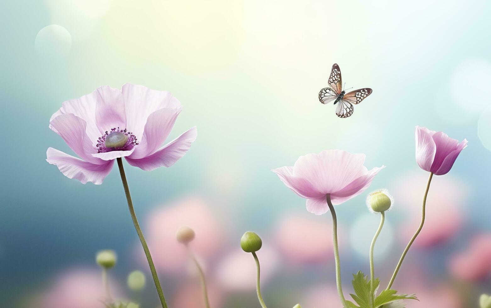 Fresco primavera Mañana en naturaleza y revoloteando mariposas en un suave verde antecedentes. generativo ai foto