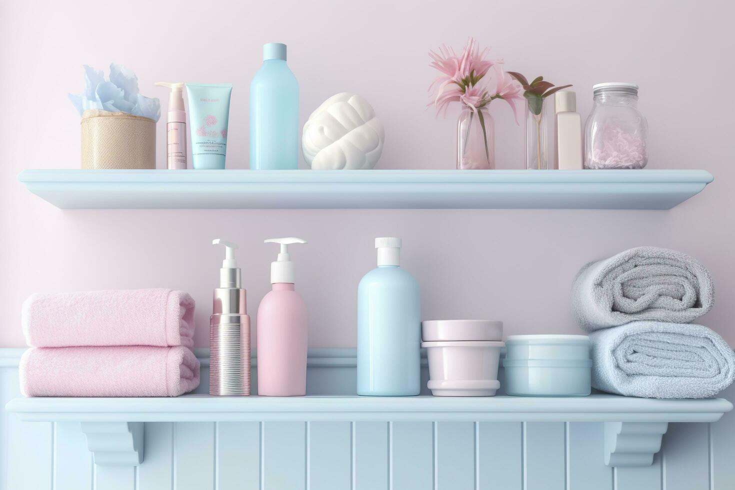 A pastel bathroom shelf with pink skincare products, copy space, banner, pink and pastel blue bright palette, barbiecore. AI Generative photo