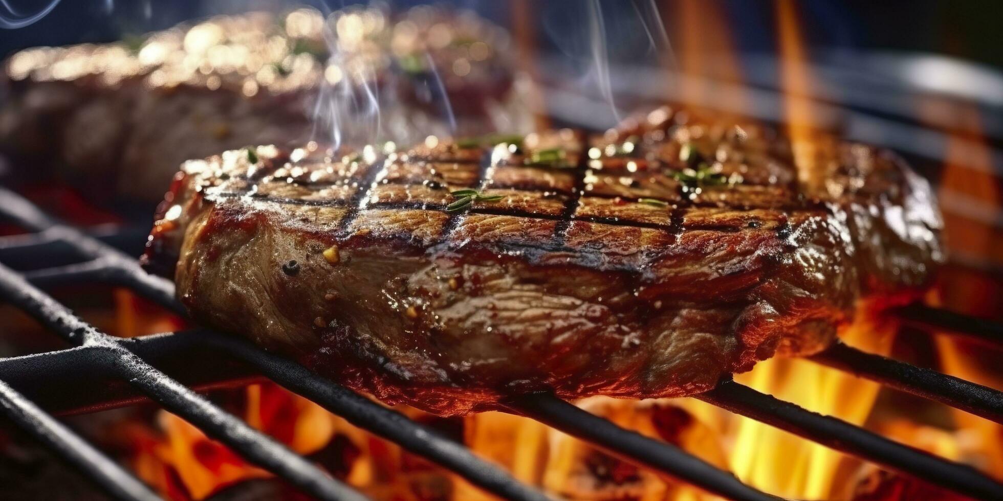 Beef ribeye steak grilling on a flaming grill. Generative AI photo