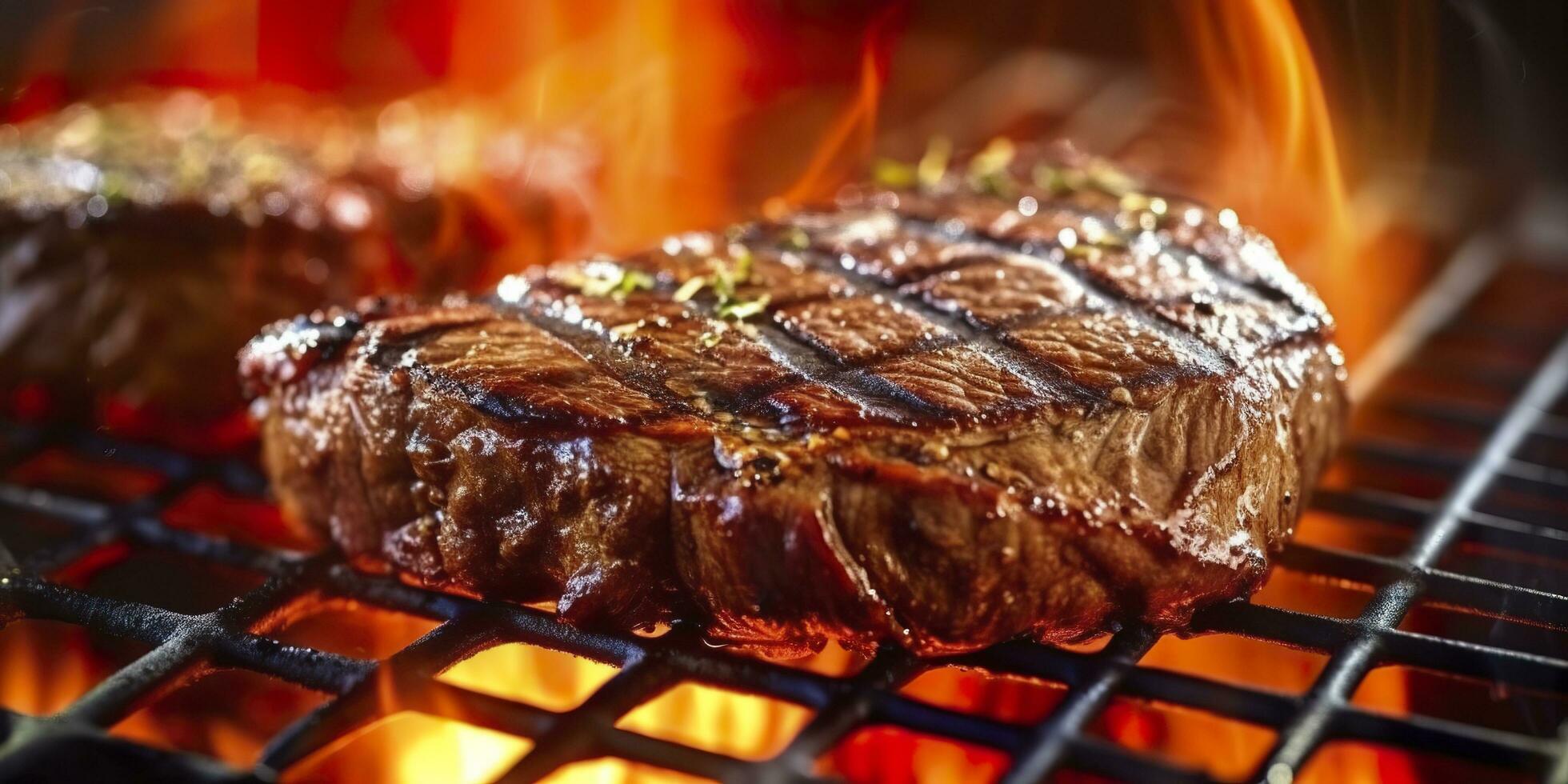 Beef ribeye steak grilling on a flaming grill. Generative AI photo