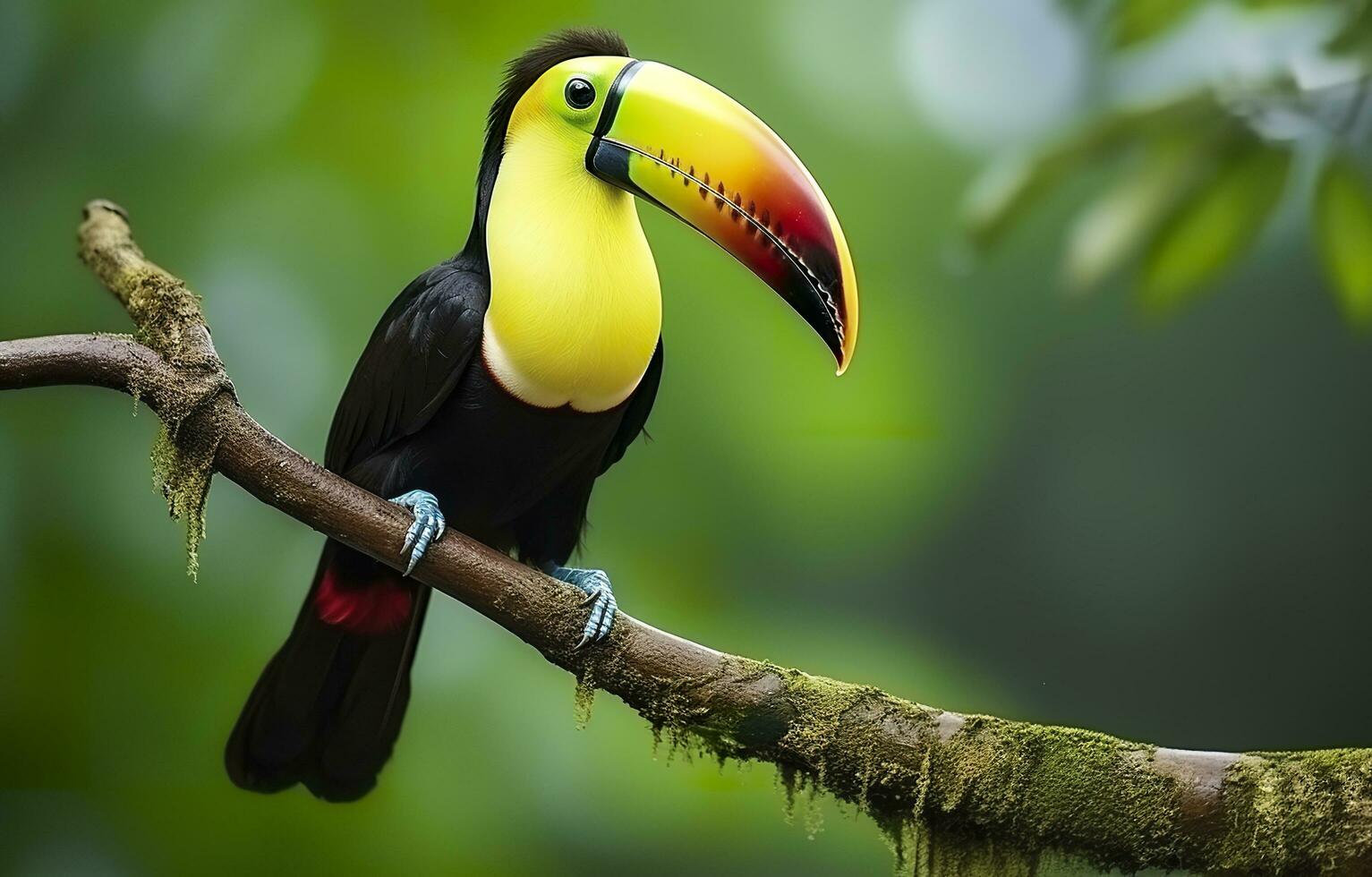 Chesnut mandibled Toucan sitting on the branch in tropical rain with a green jungle. Generative AI photo