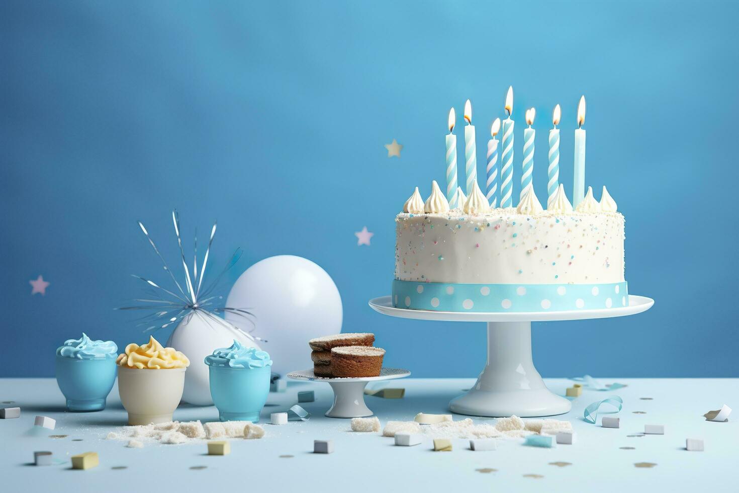 Birthday cake with candles and sweets on white table near blue wall. Generative AI photo