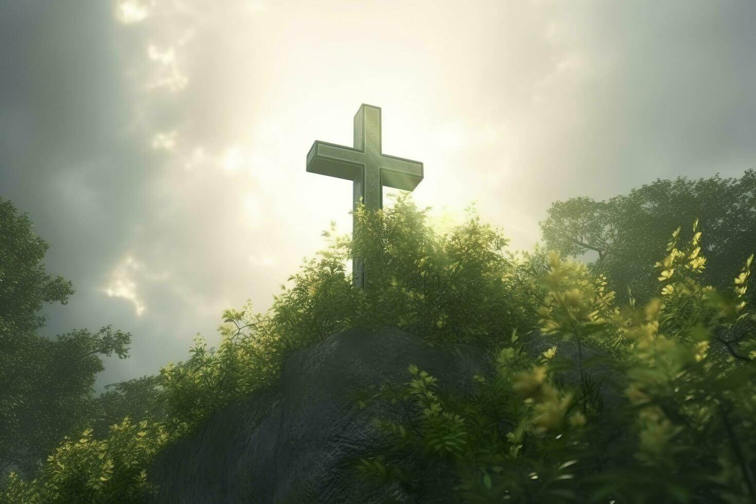 The cross of God with green Leaf, in the rays of the sun and blue sky. Cross on the hill with green trees and graeen natural view. Religious concept, AI Generative photo