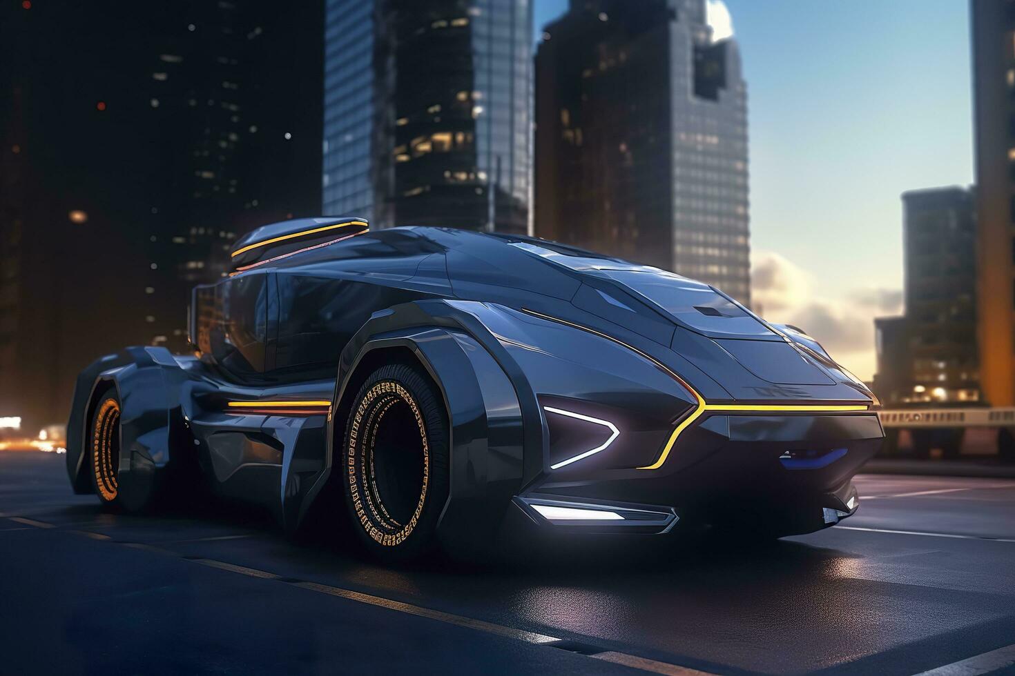 23rd Century Futuristic Truck with Hyper Modern Drive, Wide Angle Lens, and Futuristic Skyscraper in the Background. AI Generative photo