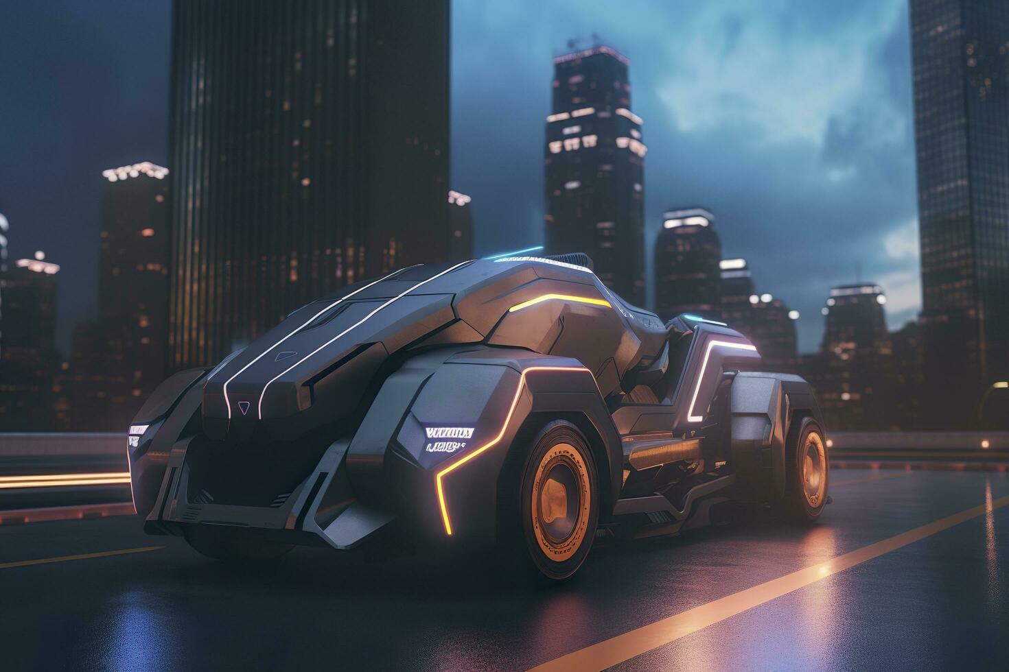 23rd Century Futuristic Truck with Hyper Modern Drive, Wide Angle Lens, and Futuristic Skyscraper in the Background. AI Generative photo