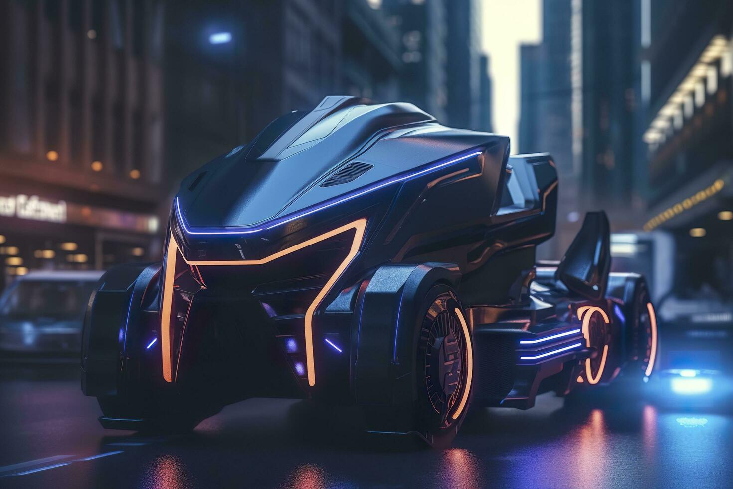 23rd Century Futuristic Truck with Hyper Modern Drive, Wide Angle Lens, and Futuristic Skyscraper in the Background. AI Generative photo