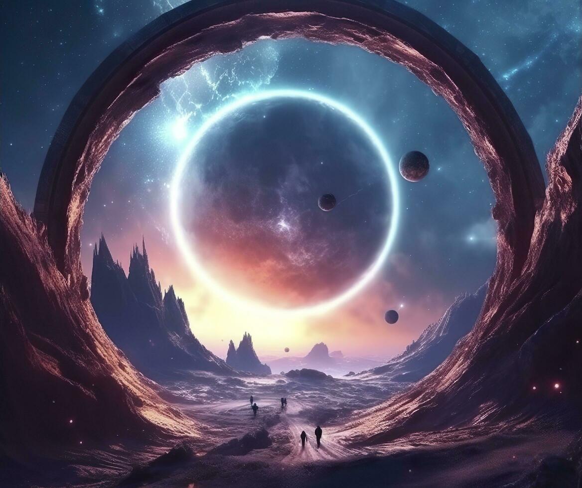 Portal to another world. Futuristic cosmic landscape with circle tunnel in starry sky. Gate in space futuristic background with galaxy and nebula. Created with Generative AI photo