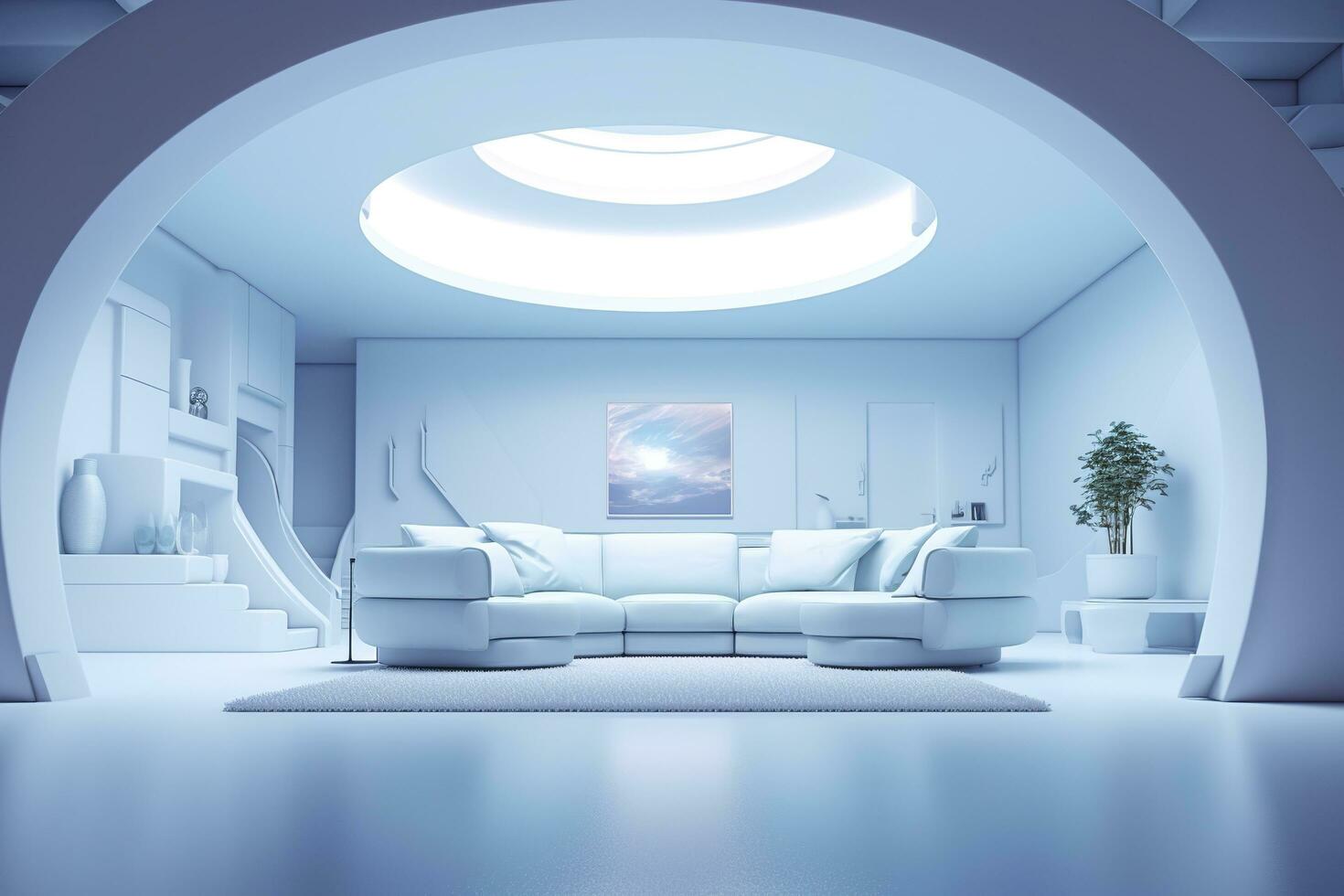 A professional and eye catching light blue with white living room in the metaverse.  AI Generative photo