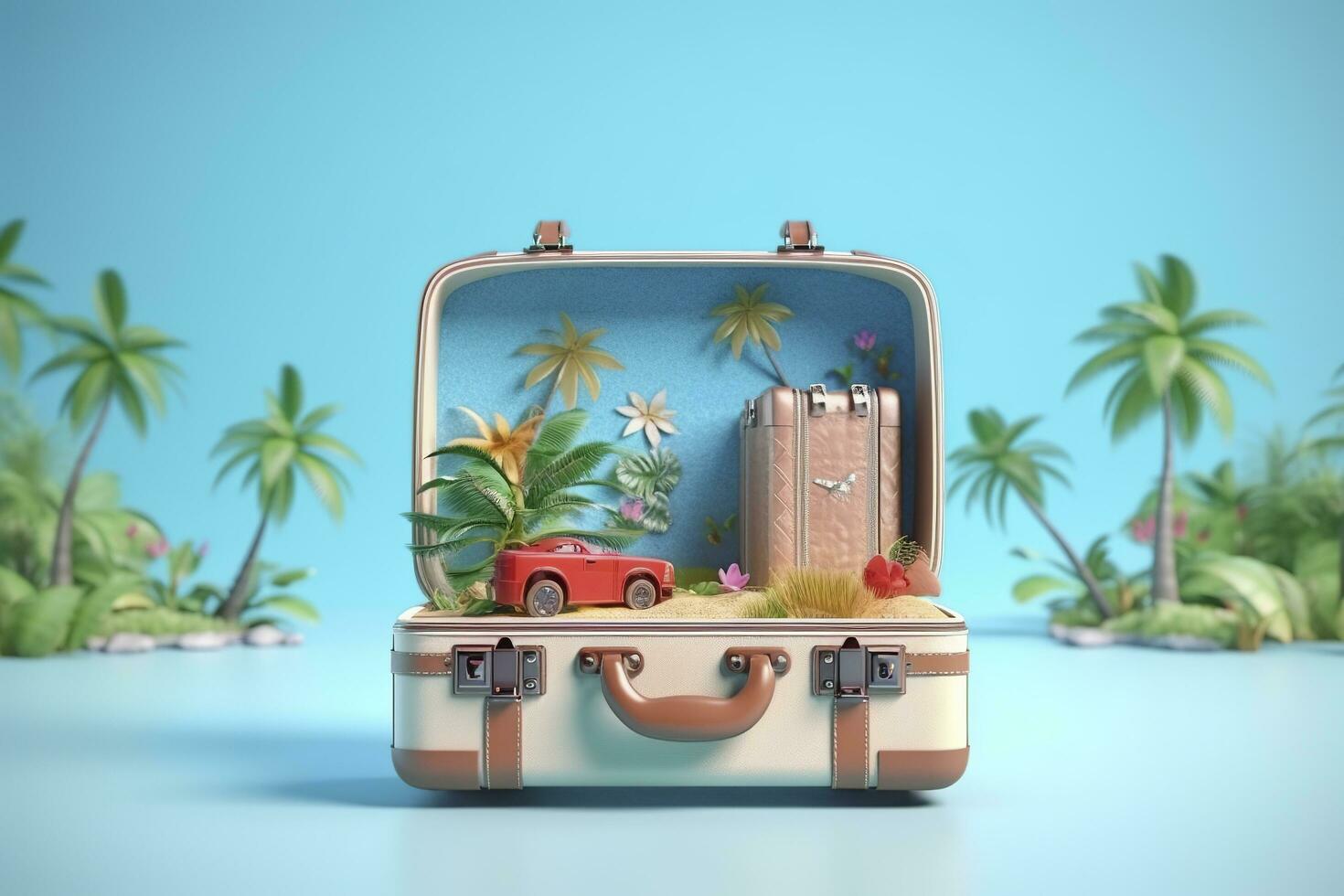 creativo verano playa composición en maleta en azul fondo, un viaje concepto idea en 3d representación. ai generativo foto