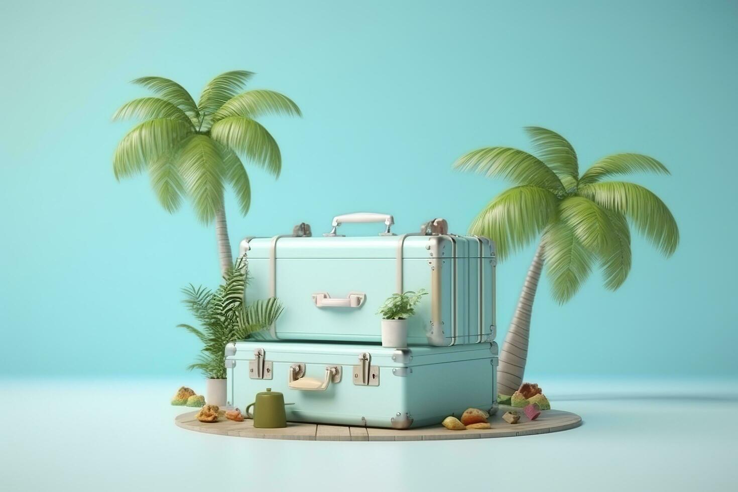 Creative Summer Beach Composition in Suitcase on Blue Background, A Travel Concept Idea in 3D Rendering. AI Generative photo