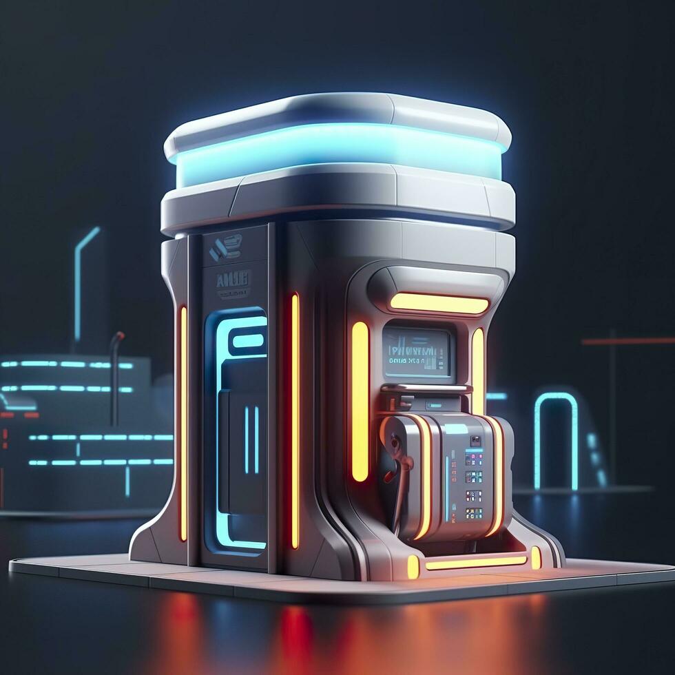 Futuristic Illustration of Cylindrical Car Battery, Electric Battery Station at a Gas Station. AI Generative photo