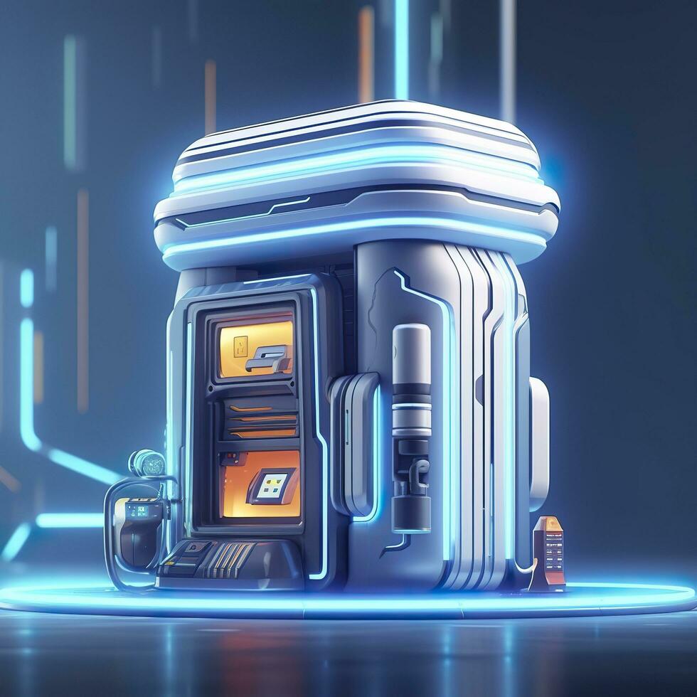 Futuristic Illustration of Cylindrical Car Battery, Electric Battery Station at a Gas Station. AI Generative photo